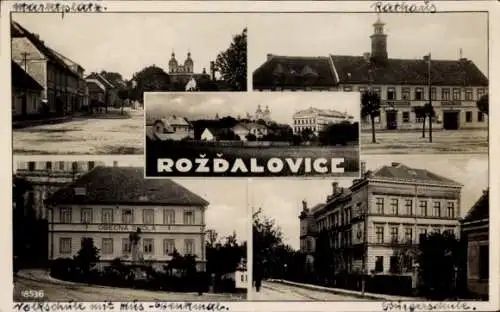 Ak Rožďalovice Mittelböhmen, Rathaus, Markt, Bürgerschule, Volksschule