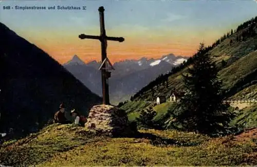 Ak Simplon Kanton Wallis, Simplonstraße und Schutzhaus, Kreuz