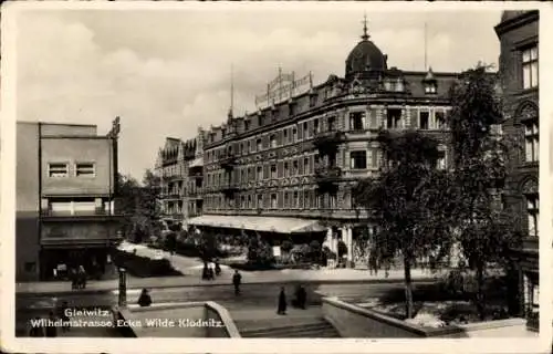 Ak Gliwice Gleiwitz Oberschlesien, Wilhelmstrasse, Ecke Wilde Klodnitz, historische Architektu...