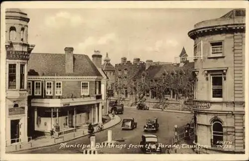 Ak Taunton South West England, Stadtansicht, Municipal Buildings, historische Architektur, Autos