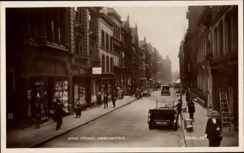 Ak Manchester England, King Street,  historische Straßenszene, Fahrzeuge, Personen