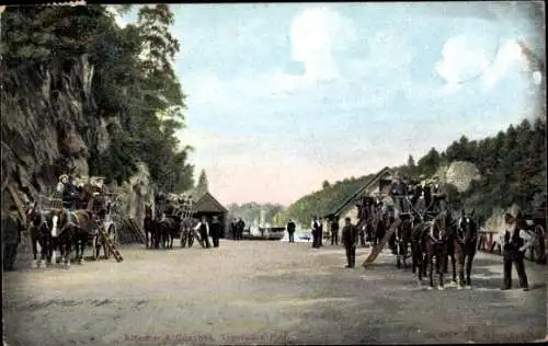 Ak Trossachs Schottland, Steamer und Coaches,  Pferde, Aussicht