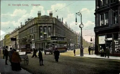 Ak Glasgow Schottland, St. Georges Cross, historische Gebäude, Straßenbahnen, Stadtansicht