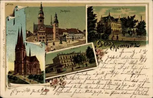 Litho Chemnitz in Sachsen, Marktplatz, Markuskirche, Bahnhof, Hotel