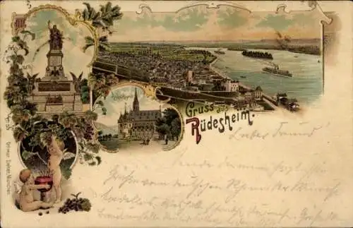 Litho Rüdesheim am Rhein, Totale, Denkmal, Engel, Kirche, Fluss