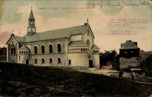 Ak Lugau im Erzgebirge, Kirche, erbaut 1497, Turm 1697, Frank P. T. Pastor, Gottf...