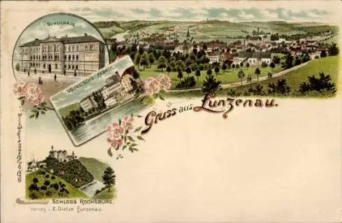 Litho Lunzenau in Sachsen, Gesamtansicht, Schule, Vogel'sche Fabrik, Schloss Rochsburg