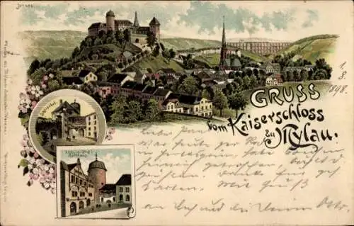 Litho Mylau Reichenbach im Vogtland, Kaiserschloss, Oberer Hof, Rathaus