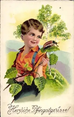 Litho Glückwunsch Pfingsten, Knabe mit Maikäfer