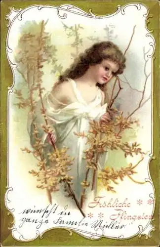 Litho Frohe Pfingsten, Mädchen im weißen Kleid, blühende Zweige