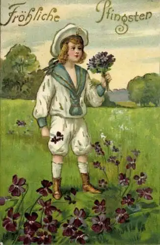 Präge Ak Glückwunsch Pfingsten, Kind in Matrosenuniform pflückt Blumen