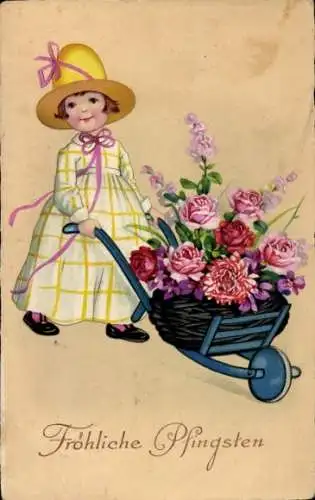 Litho Glückwunsch Pfingsten, Mädchen mit Karre, Rosen