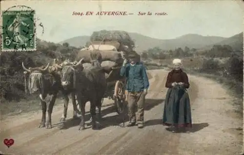Ak Auvergne, Bauern mit Rinderfuhrwerk auf der Straße