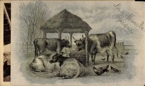 Künstler Ak Kühe und Hühner auf einem Bauernhof