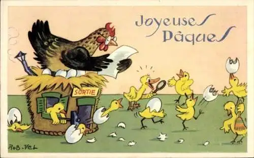 Künstler Ak Rob. Vel, Frohe Ostern, vermenschlichte Küken, Huhn