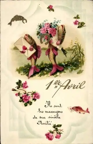 Künstler Ak 1. April, Vermenschlichte Fische, Rosen