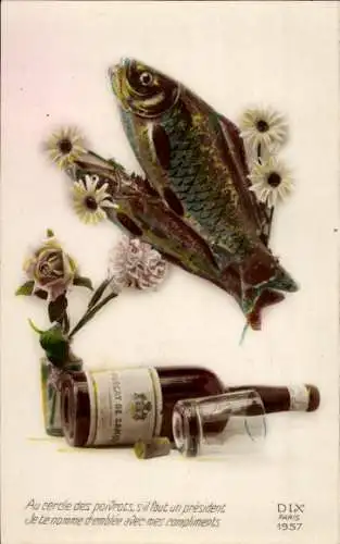 Ak 1. April, Fische, Weinflasche, Glas, Blumen