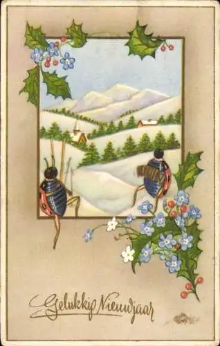 Ak Fröhliches Neujahr, zwei Marienkäfer in einer Winterlandschaft