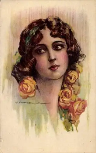 Künstler Ak Corbella, T., Gemaltes Frau-Porträt, Rosen