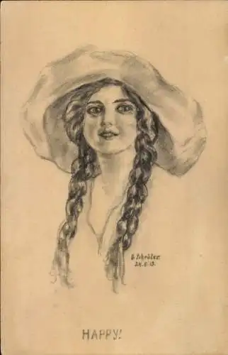 Künstler Ak Schröter, G., Mädchen, Gemaltes Porträt, Hut, Zöpfe