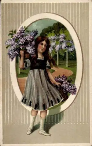 Ak Gemaltes Mädchen-Porträt, Blumenkorb