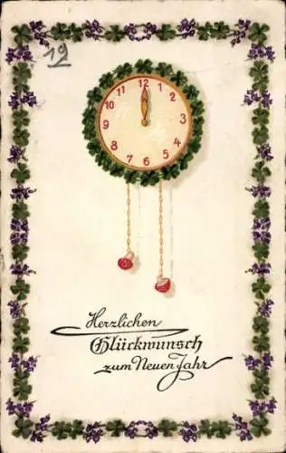Ak Glückwunsch Neujahr, Uhr, Glücksklee, Pilze