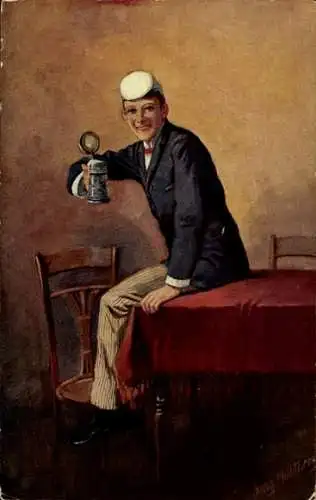 Studentika Künstler Ak Mühlberg, Georg, Prosit, Student mit Bierkrug, Studentenleben