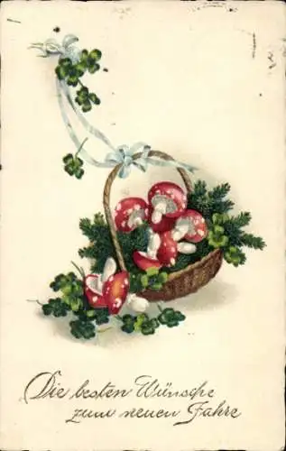 Ak Glückwunsch Neujahr, Pilze, Glücksklee, Tannenzweige, Korb