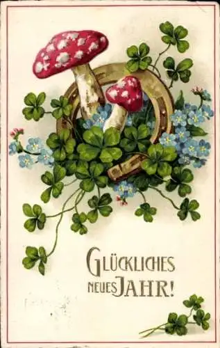 Ak Glückwunsch Neujahr, Pilze, Glücksklee, Hufeisen, Vergissmeinnicht