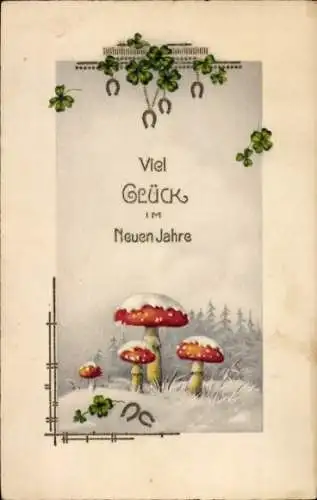 Ak Glückwunsch Neujahr, Pilze, Glücksklee, Hufeisen