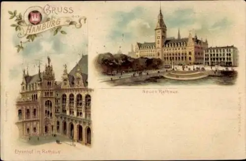 Litho Hamburg Mitte Altstadt, Neues Rathaus, Ehrenhof im Rathaus