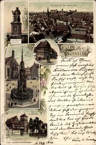 Litho Nürnberg in Mittelfranken, Hans Sachs Denkmal, Brunnen, Albert Dürer Haus