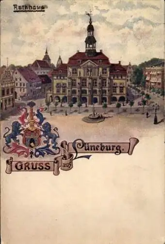 Künstler Ak Lüneburg in Niedersachsen, Wappen, Rathaus, Markt