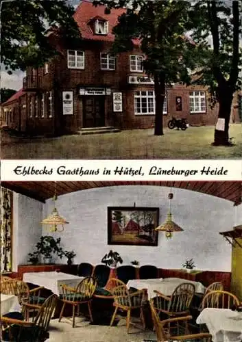 Ak Hützel Bispingen Lüneburger Heide, Ehlbecks Gast- und Pensionshaus, Außen- und Innenansicht