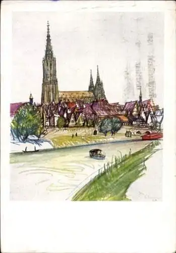 Künstler Ak  Ulm an der Donau, Teilansicht, Münster