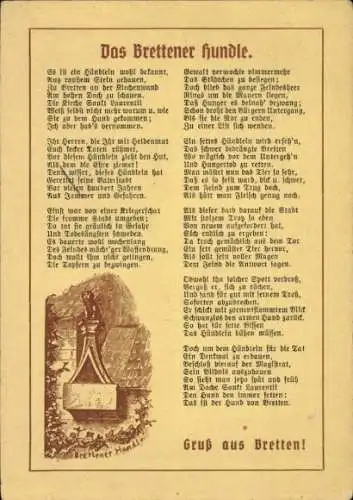 Künstler Ak Bretten in Baden Württemberg, Gedicht Brettener Hundle, 8 Strophen