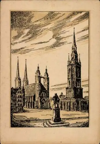 Ak Halle an der Saale, Marktplatz mit Rathaus, Marktkirche Unser Lieben Frauen und Roter Turm