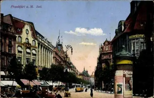 Ak Frankfurt am Main, Zeil, Straßenbahn, Geschäfte, Litfaßsäule