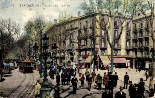 Ak Barcelona Katalonien, Plaza del Teatro, Straßenbahn, Geschäfte, Passanten
