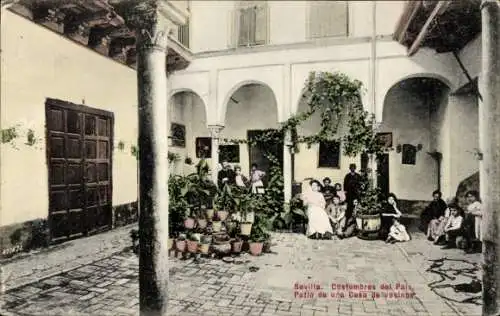 Ak Sevilla Andalucía, Costumbres del País, Patio de una Casa de vecinos