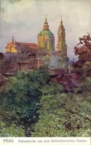 Ak Hradčany Hradschin Praha Prag Tschechien, Chotkovy sady, Prag Niklaskirche aus dem Schönbor...