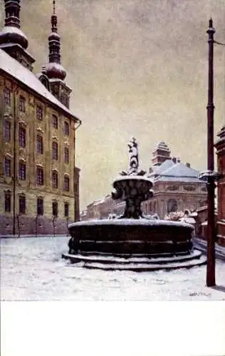 Ak Olomouc Olmütz Stadt, Verschneiter Platz mit Brunnen
