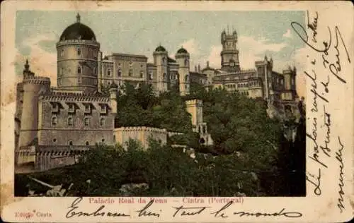 Ak Sintra Cintra Portugal, Palacio Real, Farbenfrohes Schloss, Berglandschaft