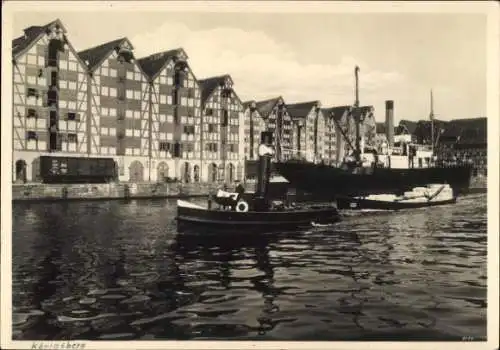 Ak Kaliningrad Königsberg Ostpreußen, Alte Speicher am Hundegatt, Dampfer, Schlepper
