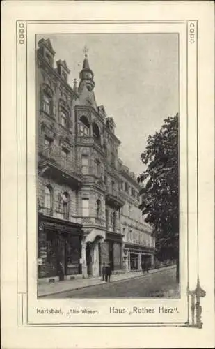 Ak Karlovy Vary Karlsbad Stadt, Alte Wiese, Haus Rotes Kreuz