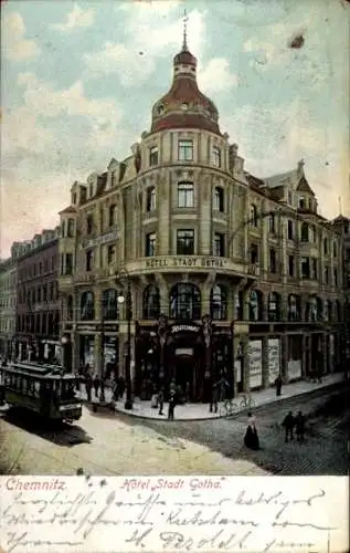 Ak Chemnitz in Sachsen, Hotel Stadt Gotha, Automat, historische Architektur, Tram, Menschen