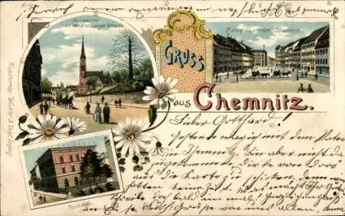 Litho Chemnitz Sachsen, Marktplatz, Johannisstraße, Bank, Nikolaikirche