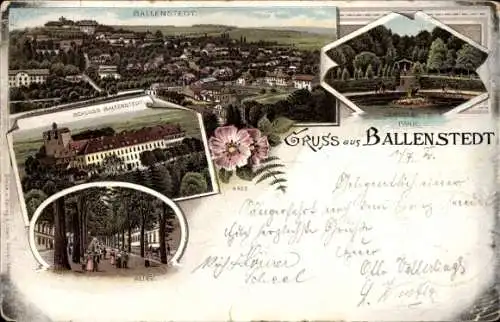 Litho Ballenstedt im Harz, Schloss Ballenstedt, Schlosspark, Allee und Panorama vom Ort