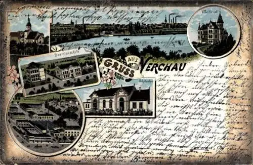 Litho Nerchau Grimma in Sachsen, Panorama vom Ort, Kirche, Villa Hessel, Beamtenschule, Farbenfabrik