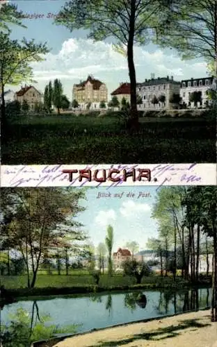 Ak Taucha Nordsachsen, Leipziger Straße, Teilansicht mit Post